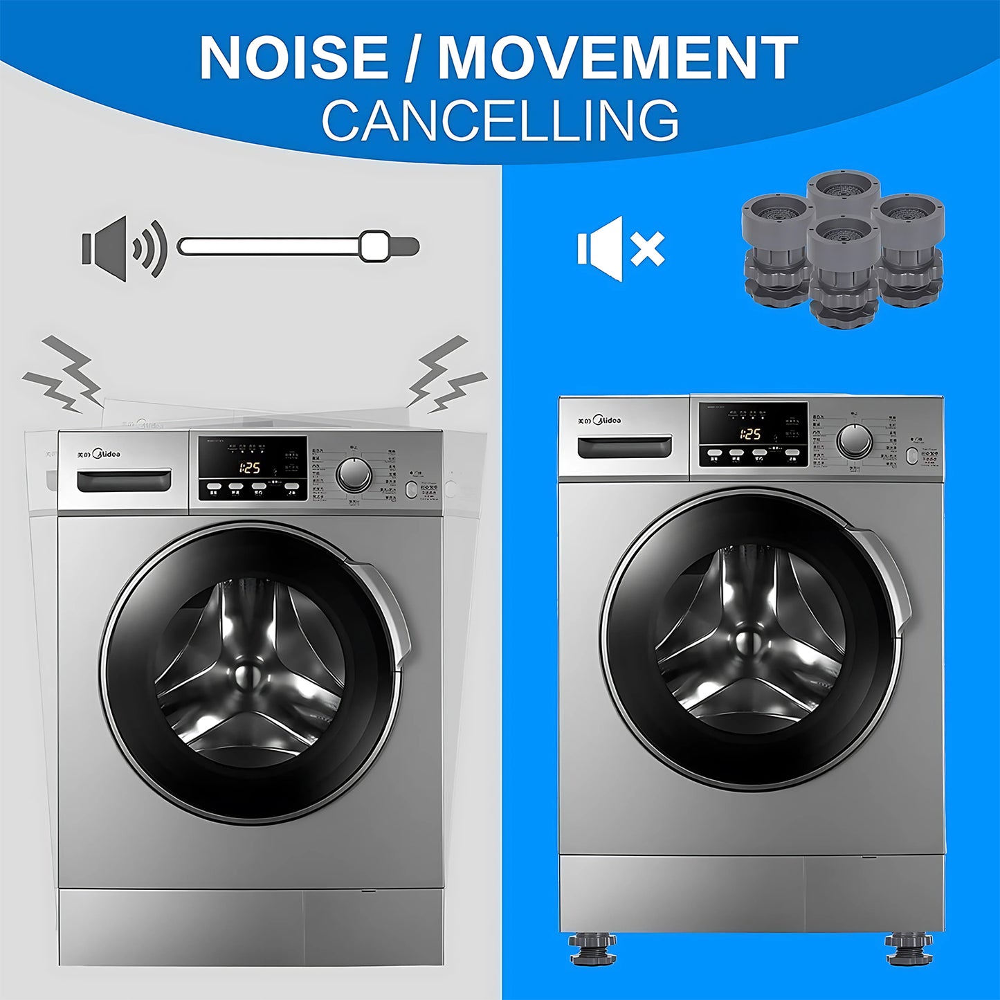 Adjustable Anti-Vibration Pads for Washing Machine & Fridge – Height Adjustable, 360° Rotating Base (4 Pc Set)