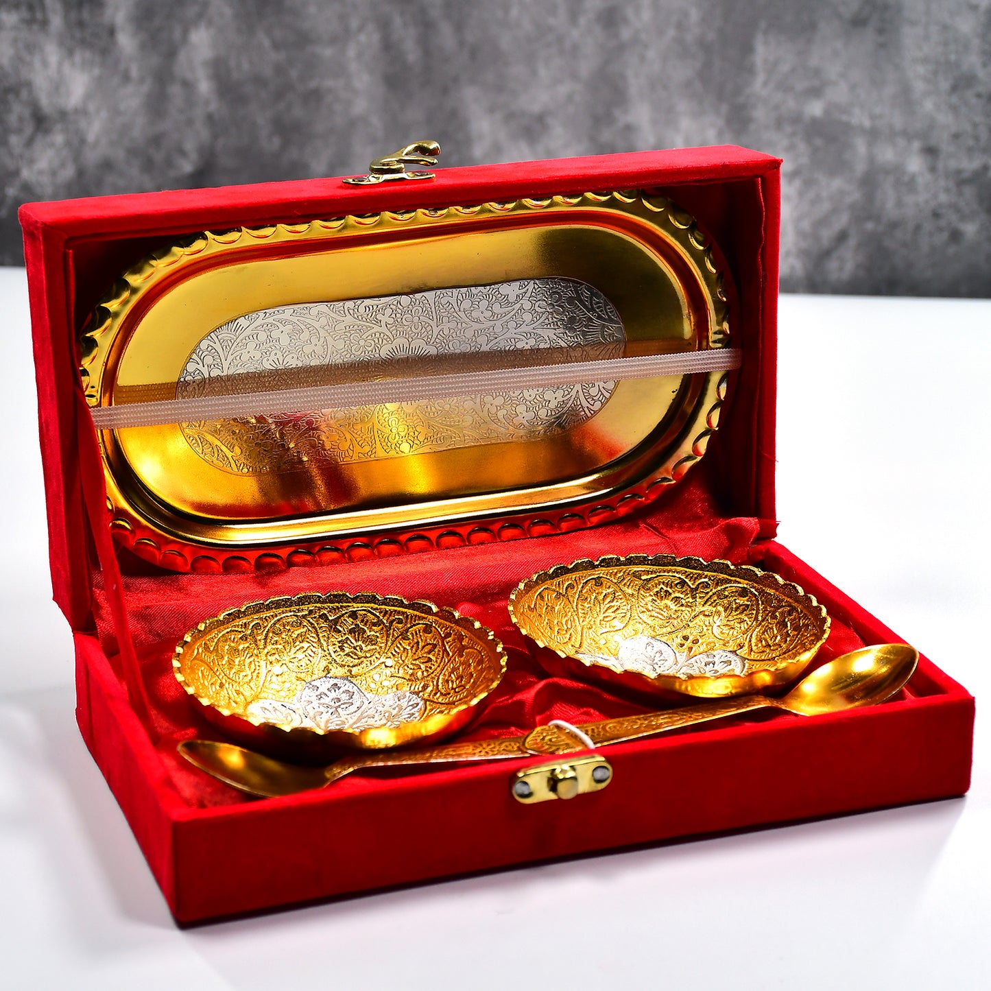 Gold & Silver Plated Brass Bowl Set with Velvet Gift Box | Royal Serving Set for Dry Fruits & Desserts