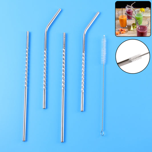 Set of 4 Reusable Stainless Steel Drinking Straws with Cleaning Brush (2 Straight + 2 Bent + 1 Brush)