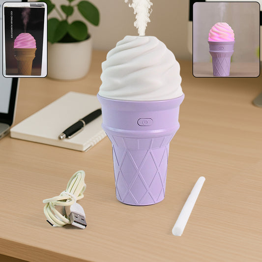 Ice Cream Cone Shape Air Freshener Humidifier – Cool Mist USB Desktop Humidifier with LED Night Light (Purple)