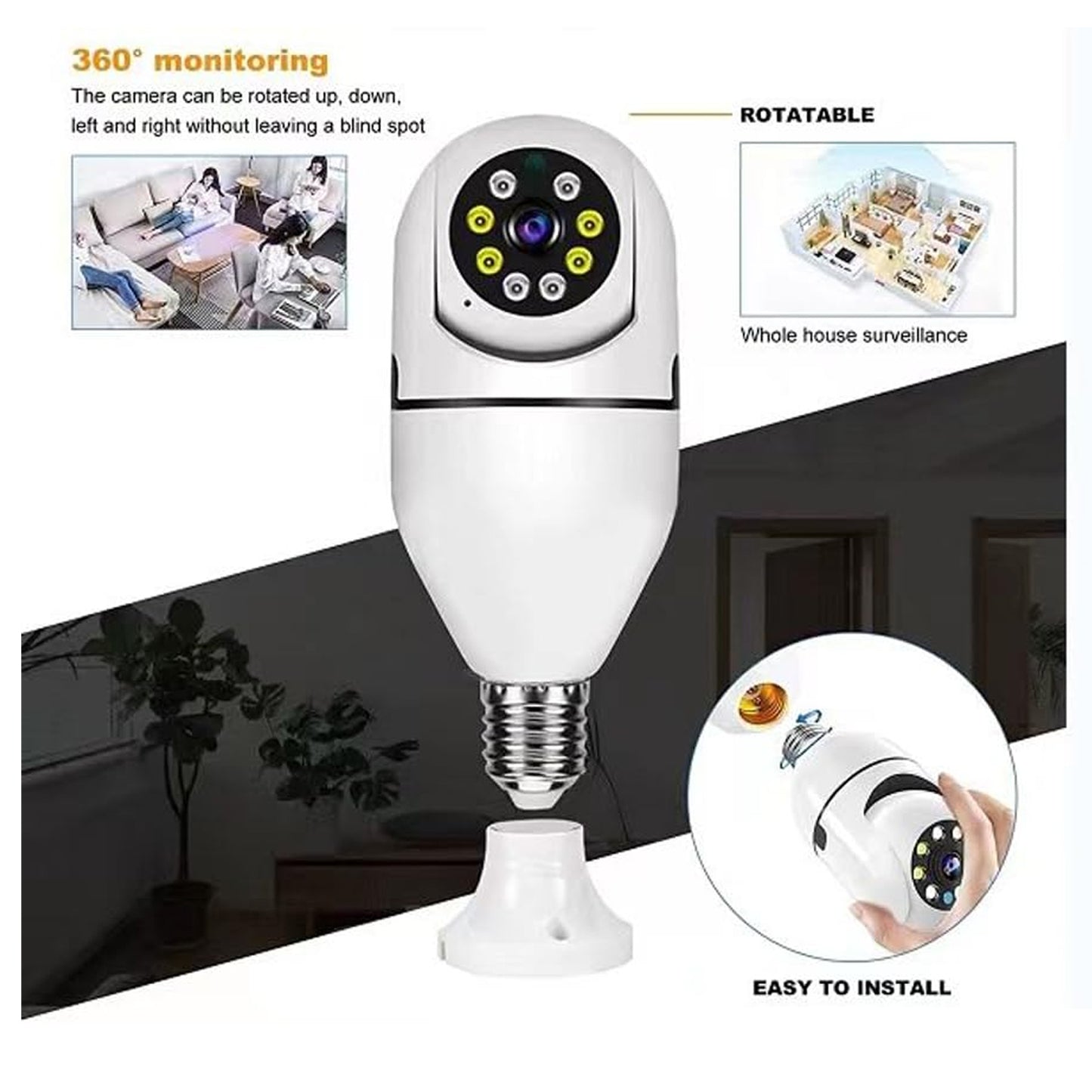 V380 Pro 360° WiFi IP CCTV Security Camera – Panoramic Fisheye Bulb Camera with Motion Detection & Two-Way Audio