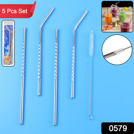 Set of 4 Reusable Stainless Steel Drinking Straws with Cleaning Brush (2 Straight + 2 Bent + 1 Brush)