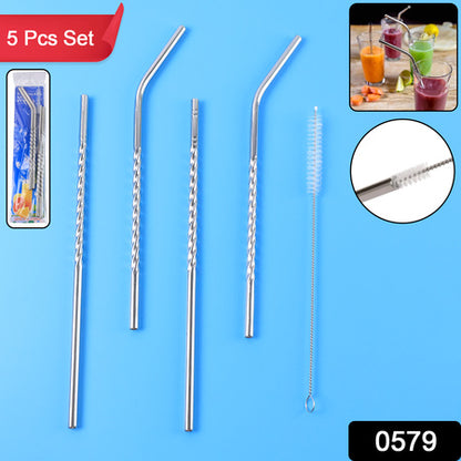 Set of 4 Reusable Stainless Steel Drinking Straws with Cleaning Brush (2 Straight + 2 Bent + 1 Brush)