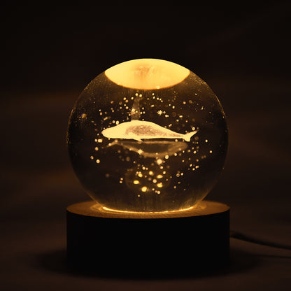 Fish 3D Crystal Ball Night Lamp with Wooden Base – Elegant LED Bedroom Light & Unique Gift Décor