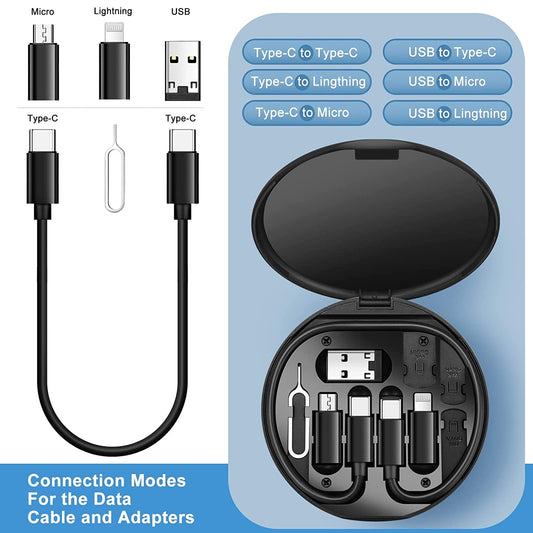 5-in-1 Mini Multi-Functional Fast Charging Cable Kit | Apple, Android, Type-C | Compact Travel Set with SIM Ejector Tool & Phone Stand