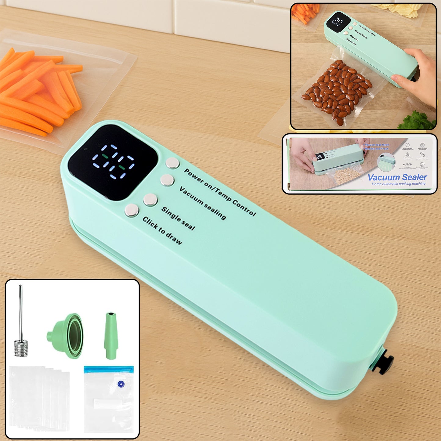 Rechargeable Electric Vacuum Sealer Machine – Digital LED Display, Multi-Mode Food Sealer with 6 Reusable Bags for Airtight Storage