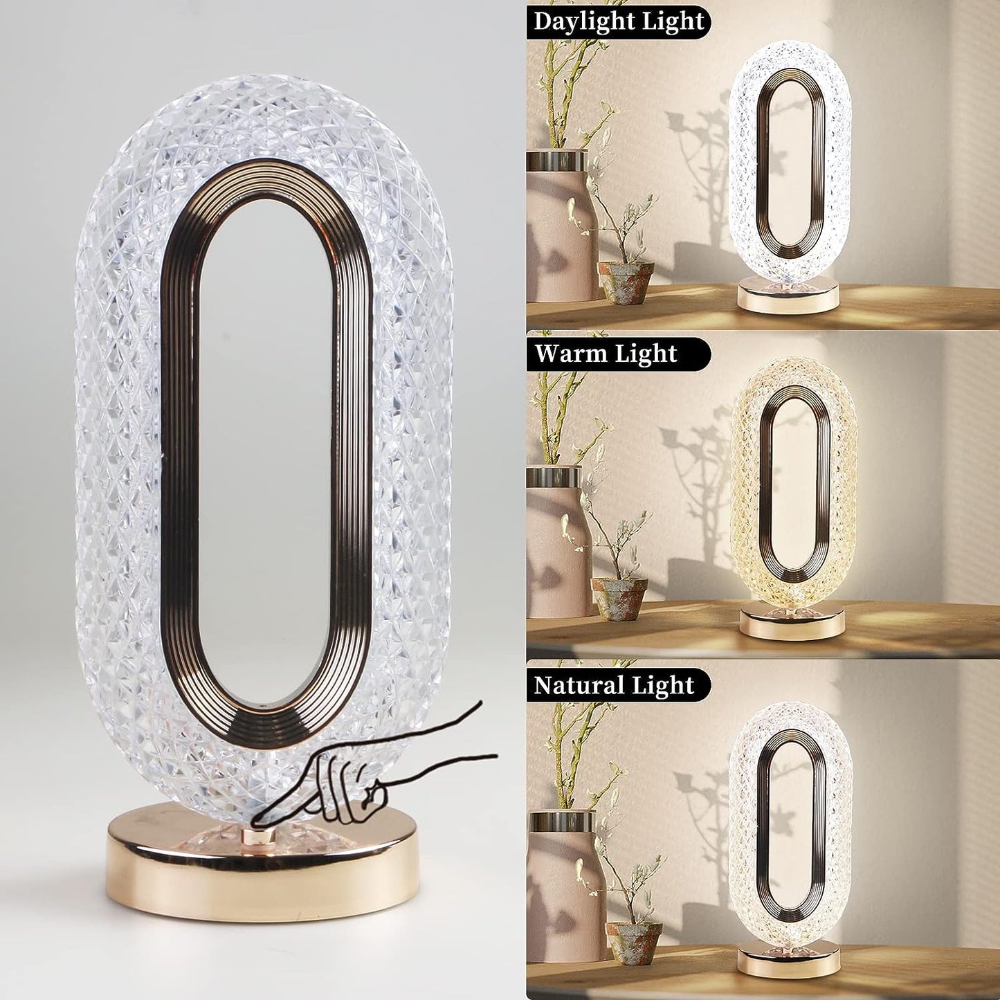 Touch Control Crystal Table Lamp – 3-Way Dimmable USB Rechargeable Diamond Nightstand Lamp for Bedroom, Living Room & Desk