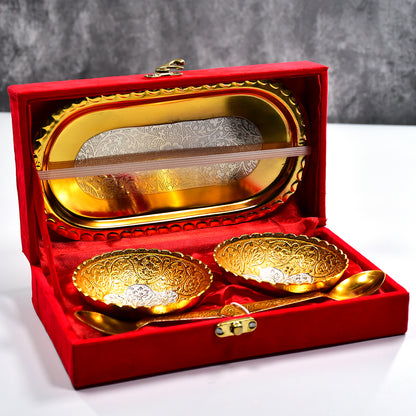Gold & Silver Plated Brass Bowl Set with Velvet Gift Box | Royal Serving Set for Dry Fruits & Desserts