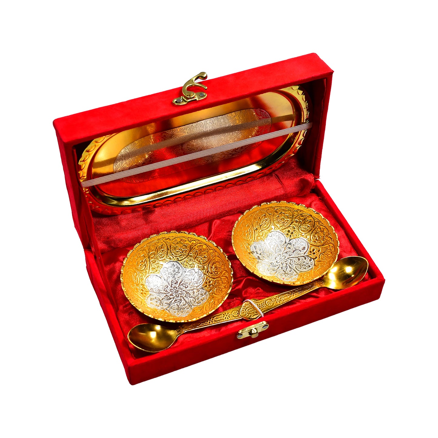Gold & Silver Plated Brass Bowl Set with Velvet Gift Box | Royal Serving Set for Dry Fruits & Desserts