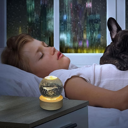 Fish 3D Crystal Ball Night Lamp with Wooden Base – Elegant LED Bedroom Light & Unique Gift Décor
