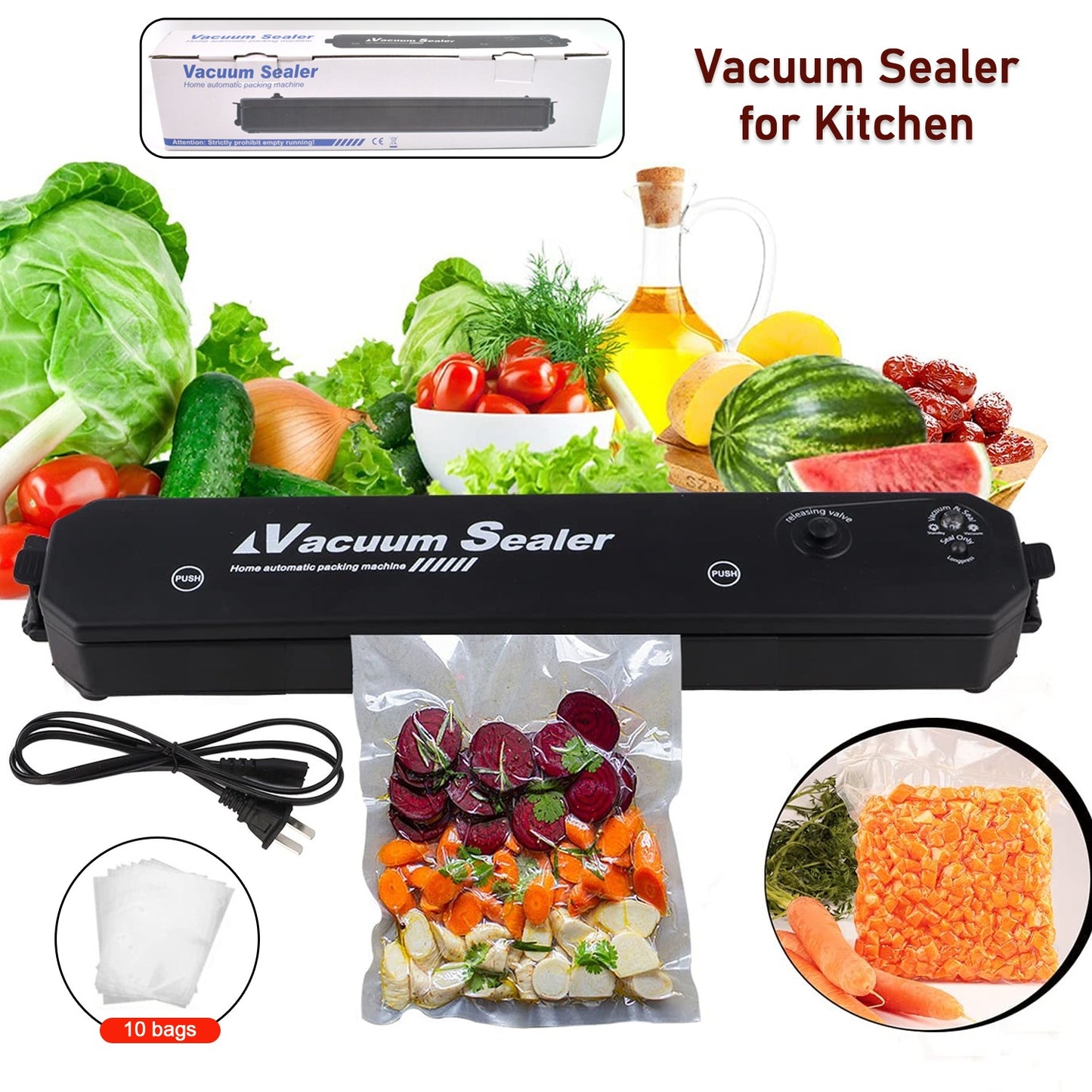Vacuum Sealer Machine with 10 Pcs Bags – Automatic Hands-Free Food Sealer for Freshness, Storage & Preservation (1 Set)