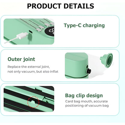 Rechargeable Electric Vacuum Sealer Machine – Digital LED Display, Multi-Mode Food Sealer with 6 Reusable Bags for Airtight Storage