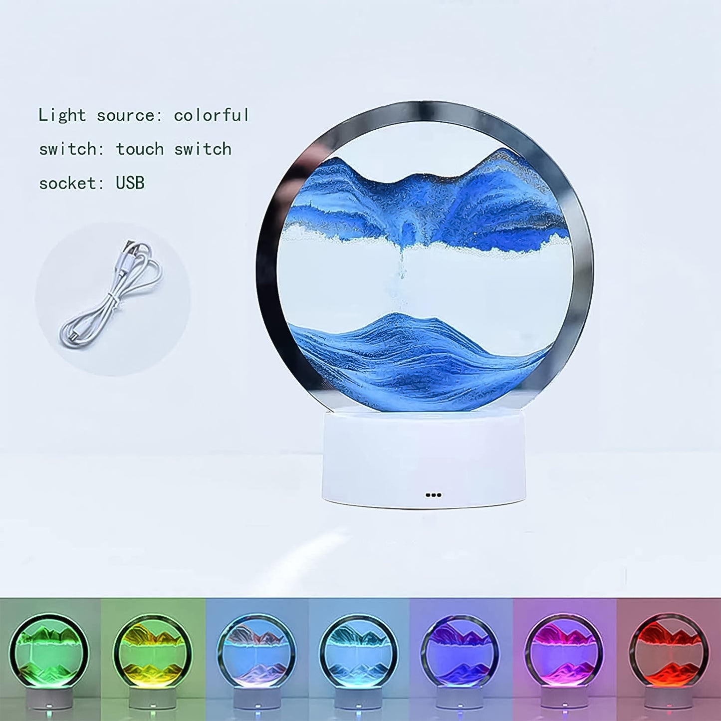 5-Color LED Moving Sand Art Picture – Rotating Glass Frame with Flowing Sand & Light | Desktop Stress Relief & Home Decor