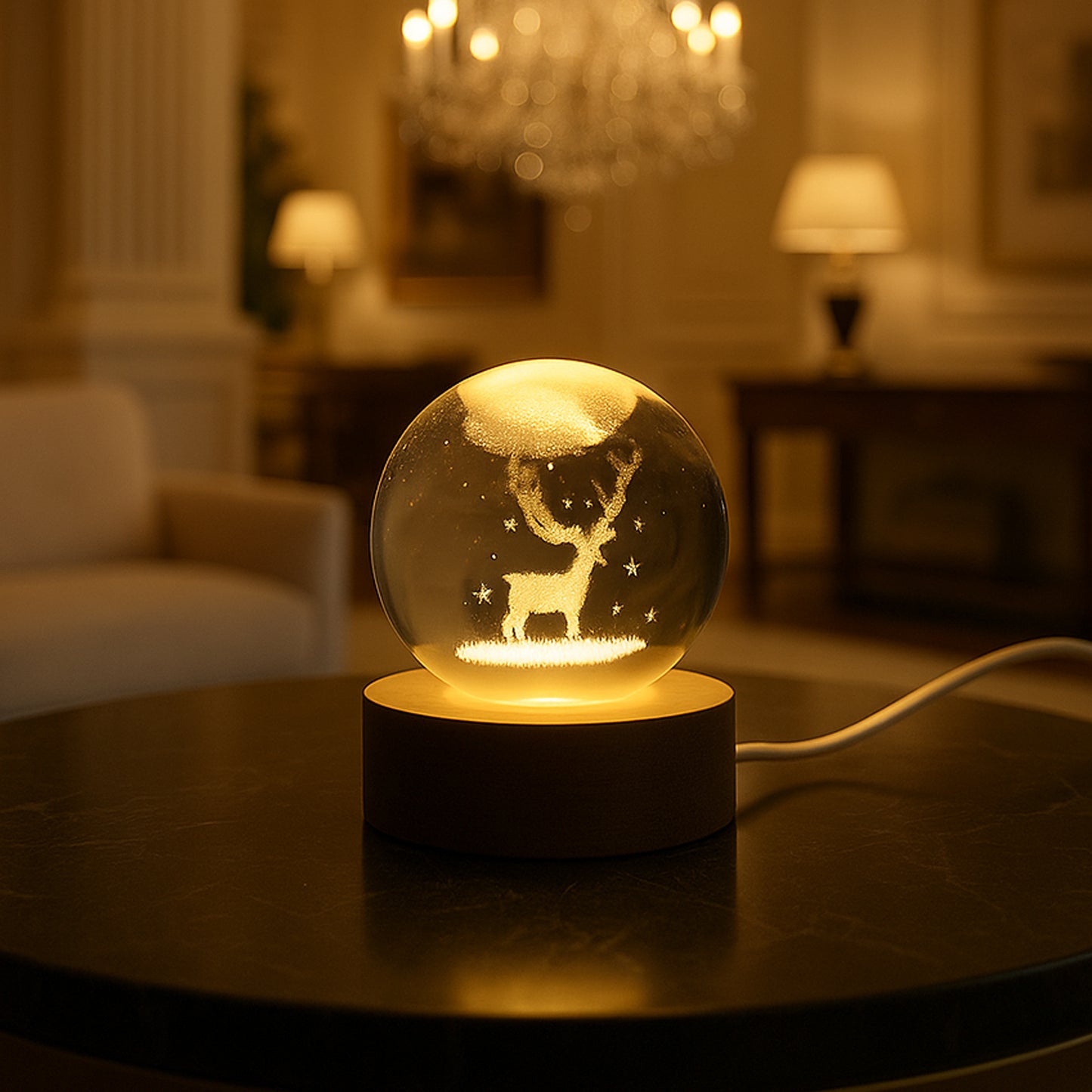 Crystal Ball LED Night Light with Wooden Base – Warm Ambient Lamp for Home Décor & Gifting