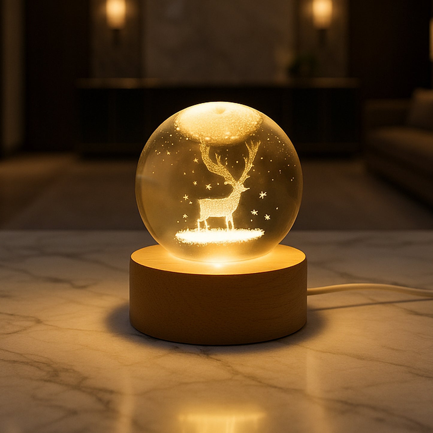 Crystal Ball LED Night Light with Wooden Base – Warm Ambient Lamp for Home Décor & Gifting