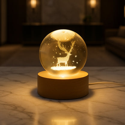 Crystal Ball LED Night Light with Wooden Base – Warm Ambient Lamp for Home Décor & Gifting