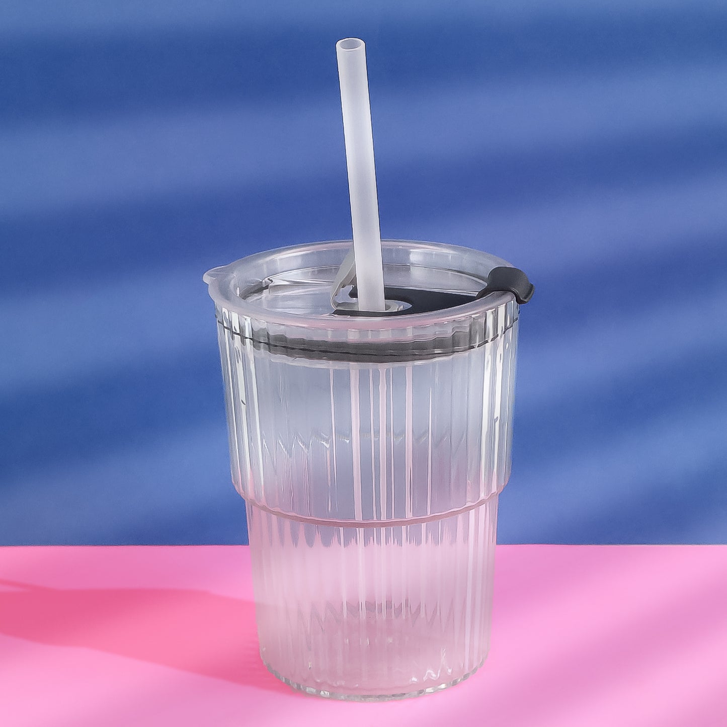 Monaco 450 ML Premium Transparent Plastic Cup with Lid & Straw | Ridged Cold Beverage Tumbler for Home, Office & Travel