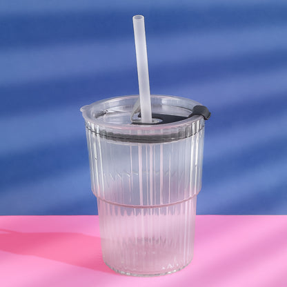 Monaco 450 ML Premium Transparent Plastic Cup with Lid & Straw | Ridged Cold Beverage Tumbler for Home, Office & Travel