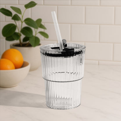 Monaco 450 ML Premium Transparent Plastic Cup with Lid & Straw | Ridged Cold Beverage Tumbler for Home, Office & Travel