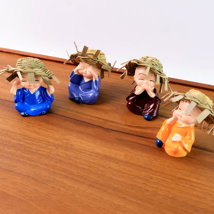Set of 4 Resin Buddha Monk Showpieces – “See No Evil, Hear No Evil, Speak No Evil, Think No Evil” Figurines with Straw Hats