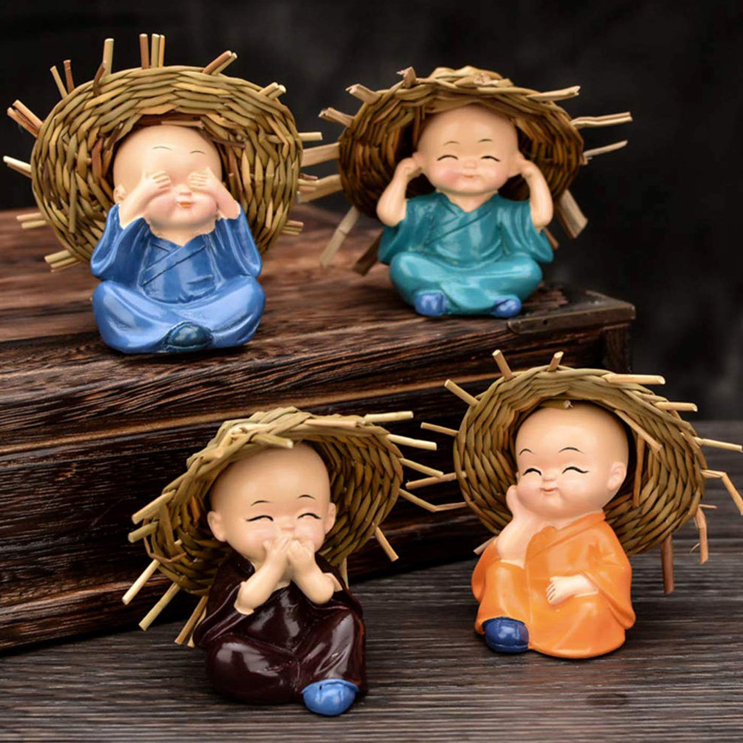 Set of 4 Resin Buddha Monk Showpieces – “See No Evil, Hear No Evil, Speak No Evil, Think No Evil” Figurines with Straw Hats