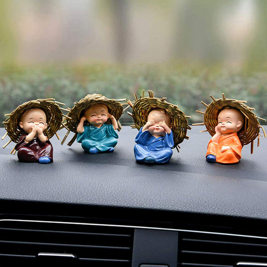 Set of 4 Resin Buddha Monk Showpieces – “See No Evil, Hear No Evil, Speak No Evil, Think No Evil” Figurines with Straw Hats