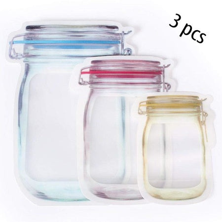 Transparent Jar-Shaped Zip Lock Pouch Set | Reusable Stand-Up Storage Bags for Kitchen, Snacks & Travel