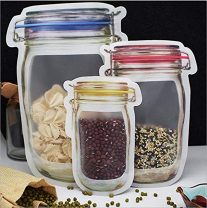 Transparent Jar-Shaped Zip Lock Pouch Set | Reusable Stand-Up Storage Bags for Kitchen, Snacks & Travel