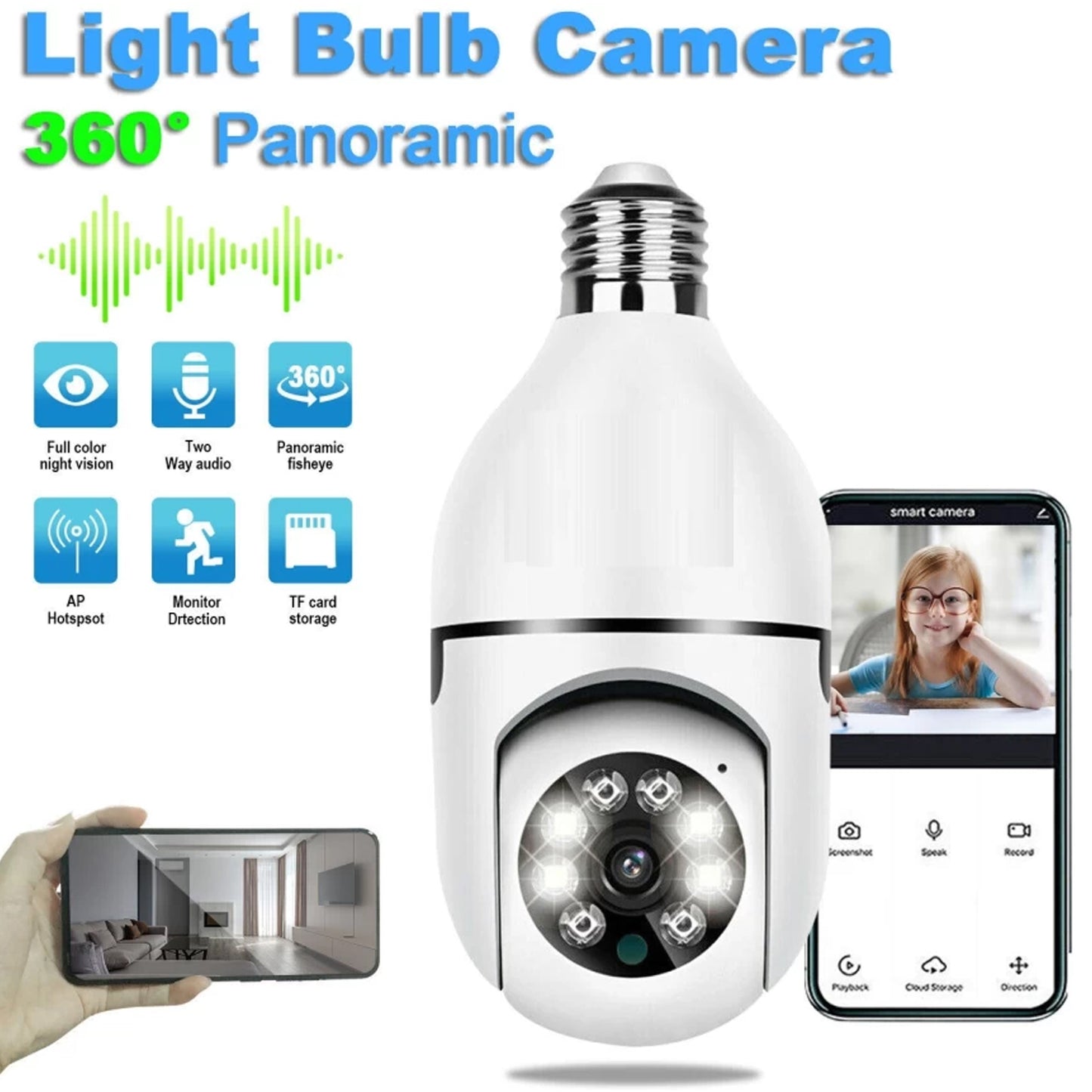 V380 Pro 360° WiFi IP CCTV Security Camera – Panoramic Fisheye Bulb Camera with Motion Detection & Two-Way Audio