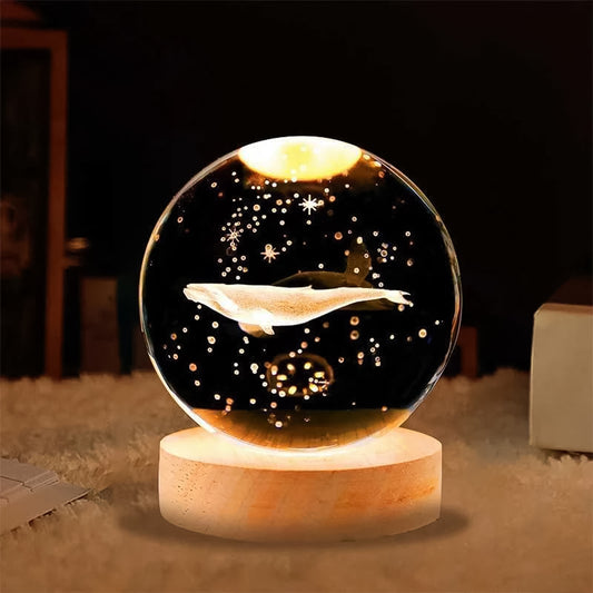 Fish 3D Crystal Ball Night Lamp with Wooden Base – Elegant LED Bedroom Light & Unique Gift Décor