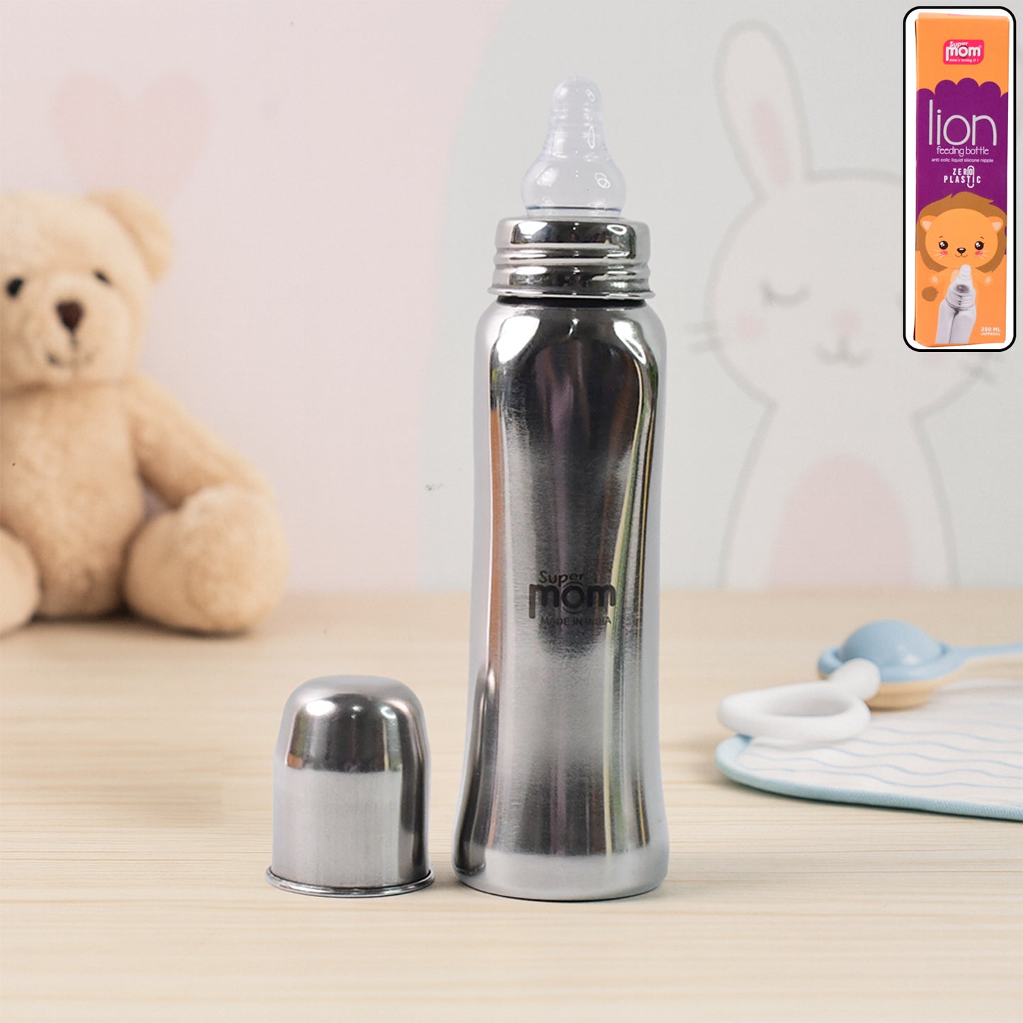 Supermom Lion Stainless Steel Baby Feeding Bottle – 250ml, Anti-Colic Silicone Nipple, Leak-Proof & Eco-Friendly Design