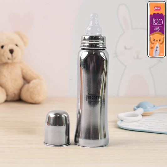 Supermom Lion Stainless Steel Baby Feeding Bottle – 250ml, Anti-Colic Silicone Nipple, Leak-Proof & Eco-Friendly Design