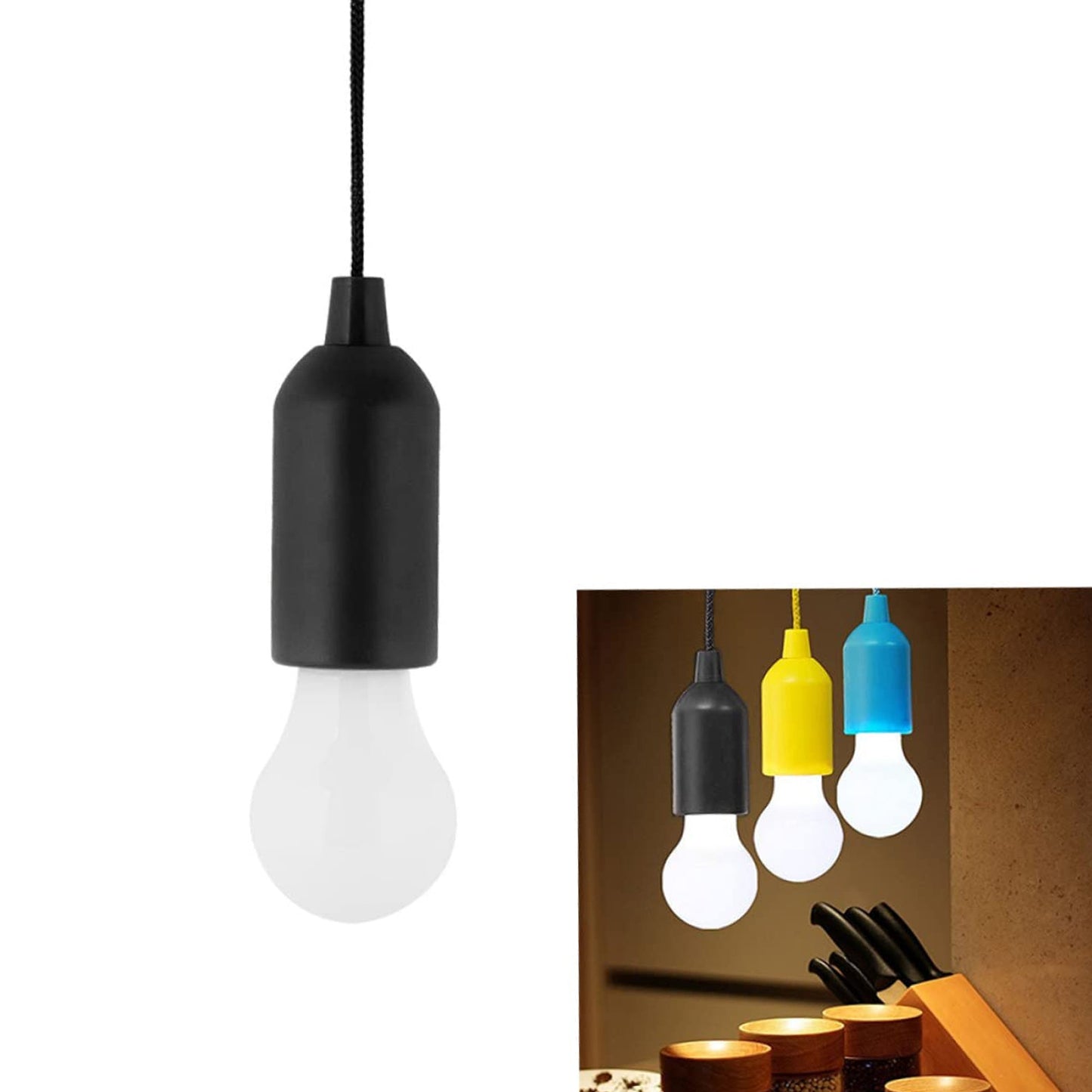 LED Pull Cord Light Bulb – Hanging Drawstring LED Light, Portable Battery-Powered Pendant Lamp, Black Frame (1 Pc)
