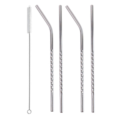 Set of 4 Reusable Stainless Steel Drinking Straws with Cleaning Brush (2 Straight + 2 Bent + 1 Brush)