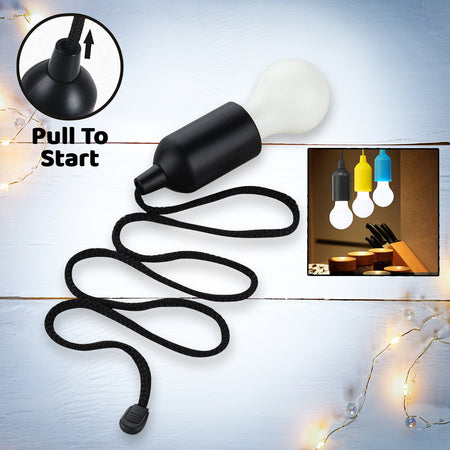 LED Pull Cord Light Bulb – Hanging Drawstring LED Light, Portable Battery-Powered Pendant Lamp, Black Frame (1 Pc)