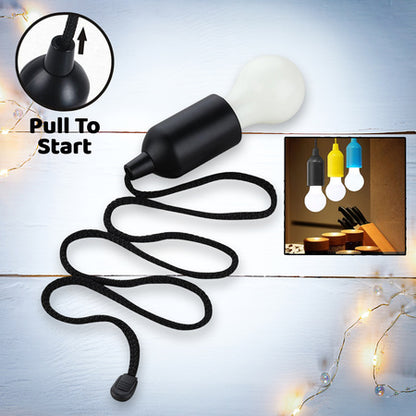 LED Pull Cord Light Bulb – Hanging Drawstring LED Light, Portable Battery-Powered Pendant Lamp, Black Frame (1 Pc)