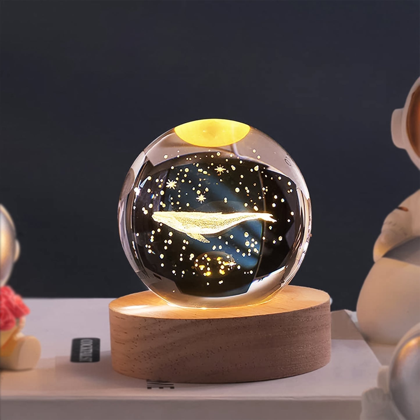 Fish 3D Crystal Ball Night Lamp with Wooden Base – Elegant LED Bedroom Light & Unique Gift Décor