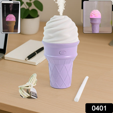 Ice Cream Cone Shape Air Freshener Humidifier – Cool Mist USB Desktop Humidifier with LED Night Light (Purple)
