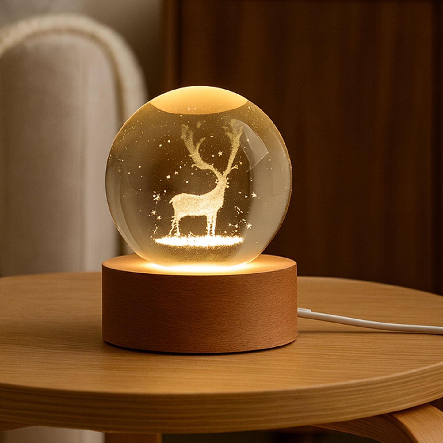 Crystal Ball LED Night Light with Wooden Base – Warm Ambient Lamp for Home Décor & Gifting